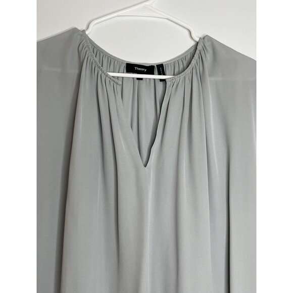 Theory 100% Silk Gathered Slit-Neck Top Blouse Gray Size Small‎ - Picture 5 of 11